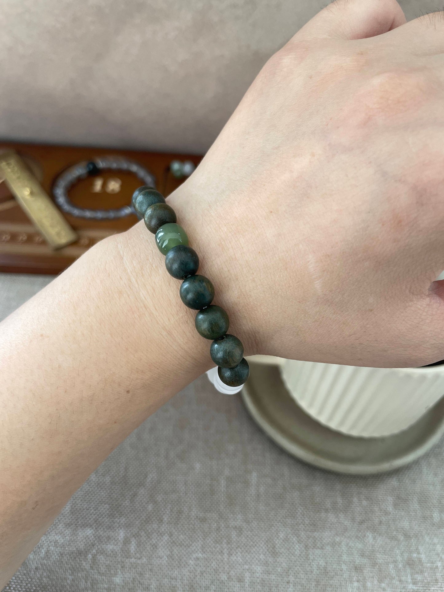 Moss Path – White Chalcedony, Green Sandalwood & Hetian Jade Beaded Bracelet