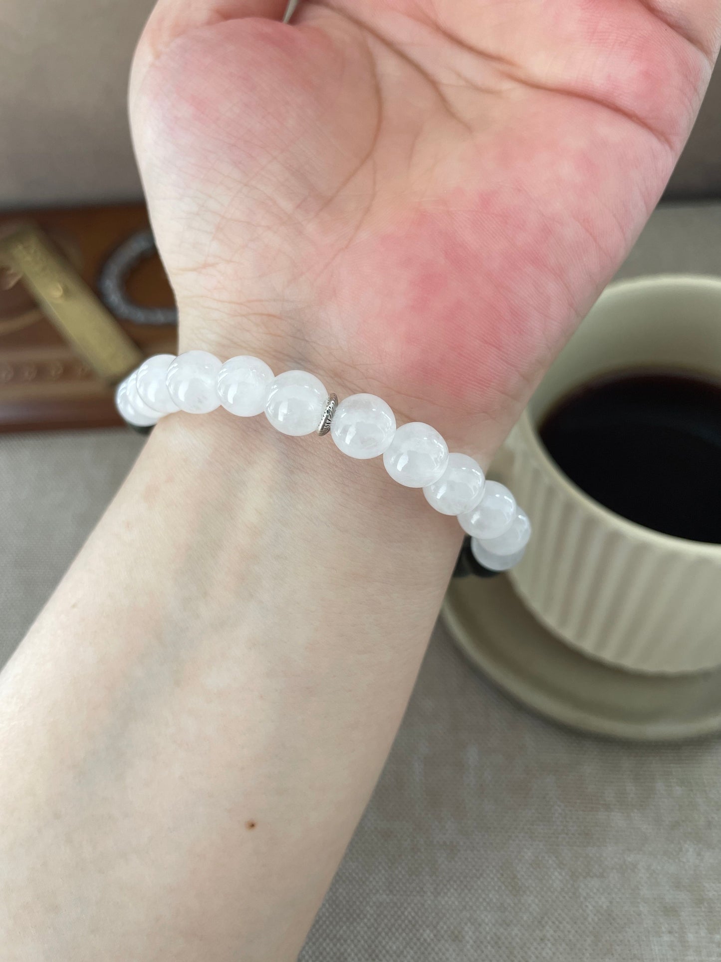 Moss Path – White Chalcedony, Green Sandalwood & Hetian Jade Beaded Bracelet