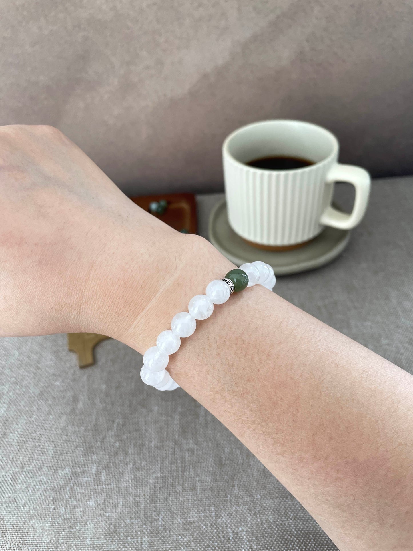 Soft Grove- Minimalist White Chalcedony & Hetian Jade Beaded Bracelet