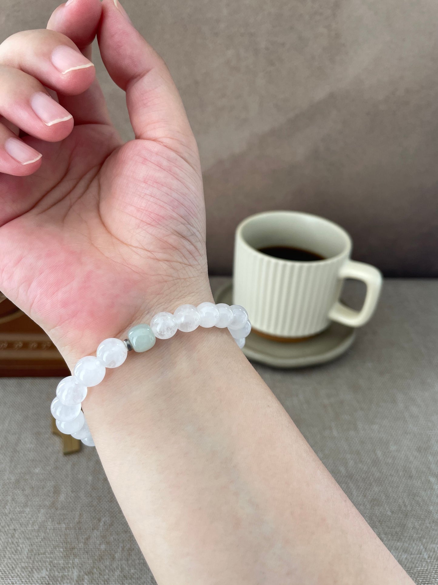 Soft Grove- Minimalist White Chalcedony & Hetian Jade Beaded Bracelet