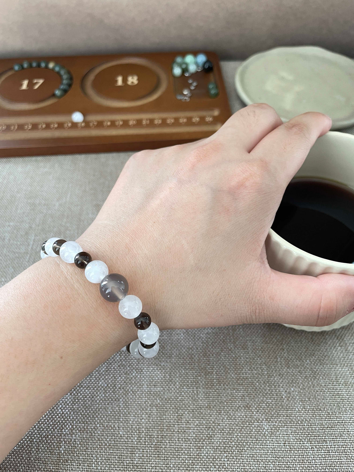 Tea Mist – White Chalcedony, Smoky Quartz & Gray Agate Beaded Bracelet