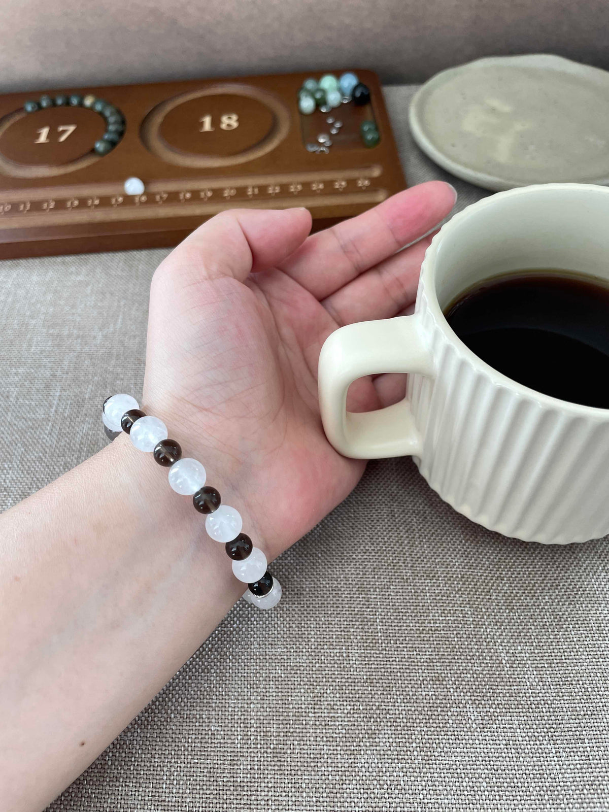 Tea Mist – White Chalcedony, Smoky Quartz & Gray Agate Beaded Bracelet